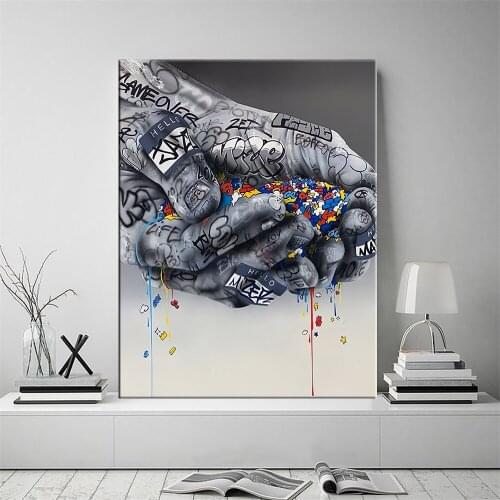 Graffiti Canvas Painting Poster and Prints Graffiti Hands Holding Colorful Letter Wall Pictures For Living Room Home Decoration