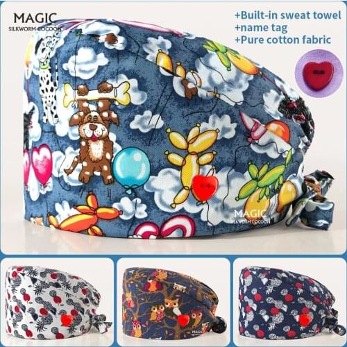 Cotton Scrub Caps Unisex Medical Scrub Hat Cartoon Print Tieback Adjustable Nurse Cap Beauty Scrub Cap Hospital Dentist Work Hat