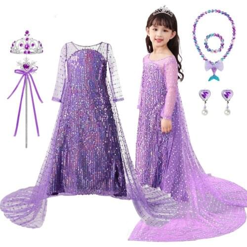 Snow Queen 2 Sequins Costume Girl Kids Dress Elsa Anna Kid White Dress Up Party Princess Frock Children Clothing