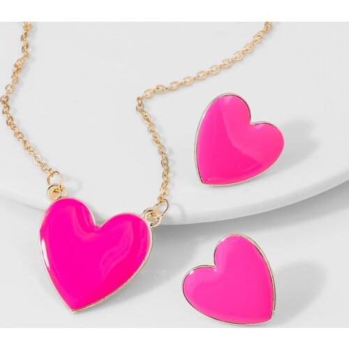 Bohemia Colorful Love Heart Pendant Necklace Earrings Sets for Women Gold Chain Statement Drip Oil Heart Jewelry Set Accessories