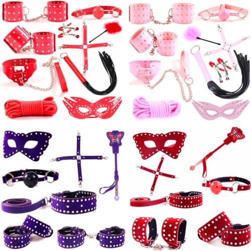 BDSM Sex Tools For Couples Hand Cuffs Whip Nipples Clip Blindfold Mouth Gag Adult Sex Toys Kit Bondage Flirt Games For Women