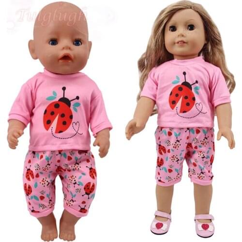 2pcs/set Cute Ladybug Pink Pajamas Fit 43cm Baby New Born,42cm Nenuco,18inch Girl Doll Clothes Accessories