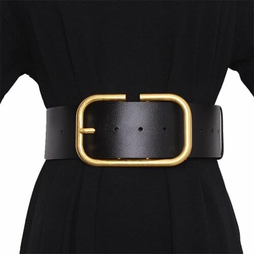 Leather Wide Belt For Women Gold Square Buckle Pin Buckle Jeans Black Belt Luxury Brand Ladies Vintage Strap Female Waistband