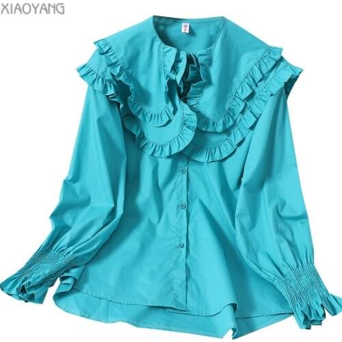 Women Blouse 2021 Spring Autumn New Sugar Color Sweet Ruffles Peter Pan Collar Loose Shirts Korean Chic Kashion Blouses LN21