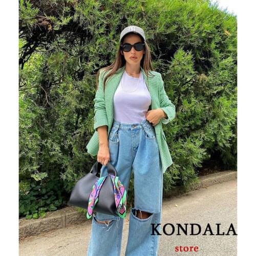 KONDALA Women Green And Red Plaid Blazer Za 2021 New Office Lady Oversized Long Vintage Coat Streetwear Pockets Jackets Outwear