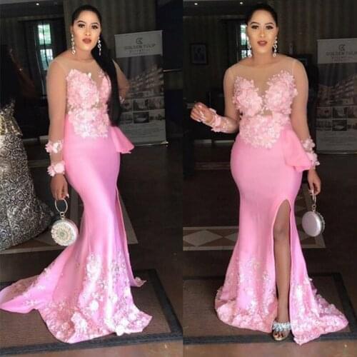 Pink Prom Dresses Slide Split Appliques Beading Scoop Illusion Long Sleeve Mermaid Evening Novia Do 2021 New Women Party Gowns