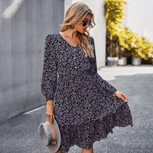 Vintage Women Autumn Winter Long Floral Print Dress V Neck Long Sleeve Ruffles Slim Female Swing Midi Dresses Vestidos 2021