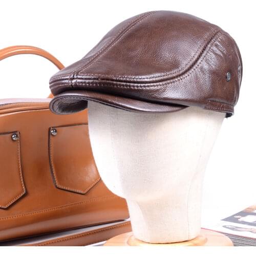 100% Real Leather Mens Winter Warm Earflaps Cowhide Miliitary Army Beret Golf Cap Newsboy Hat/cap