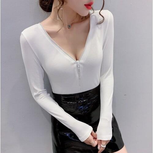 2021 White T shirt Women Clothes Diamond Zipper Cotton Korean Female T-Shirt Gray Tops Black Long Sleeve Tee Shirt