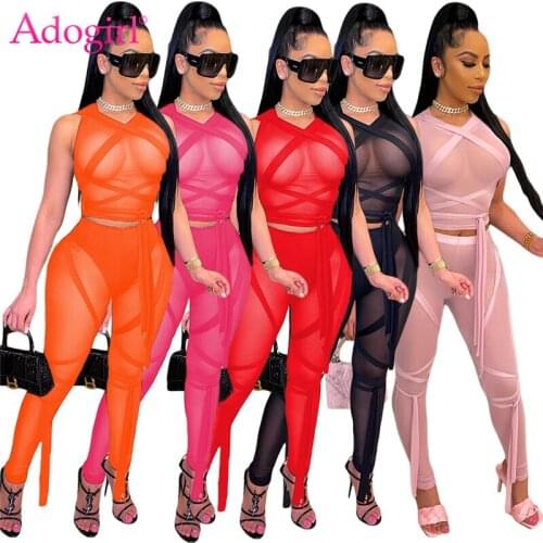 Adogirl Women Solid Ribbon Lace Up Sheer Mesh Two Piece Set Sleeveless Crop Top Pencil Pants Night Club Suit Summer Beach Outfit