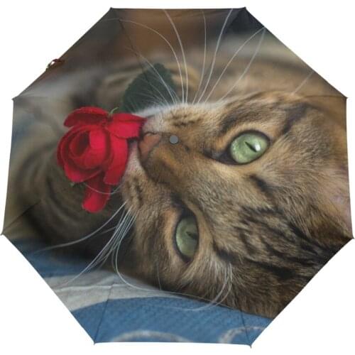 Fox Tabby Cat with Rose Printed Automatic Umbrella Fashion 3 Folding Sun Umbrella Rain Women Men Umbrella Windproof Parasol