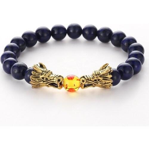 Black Lava White Pine Stone Beads Bracelet Bangle Gold Double Dragon Alloy Accessories Jewelry For Men Woman Buddha Gift 2019