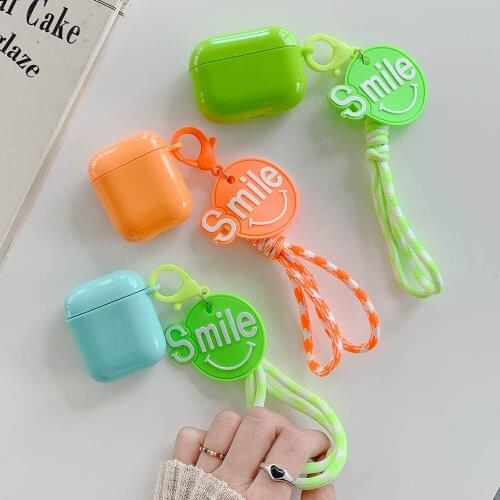 Fluorescence Cute Smiley Pendant Hand Strap Earphone Cases For Apple AirPods Pro 1 2 Soft Headphone Protection Cover Shell Rope