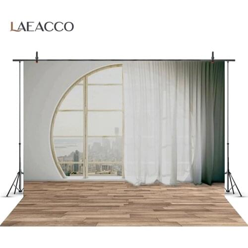 Laeacco Window Gray White Wall Curtain Wooden Floor City Child Party Portrait Backgrounds Photo Backdrops Photocall Photo Studio