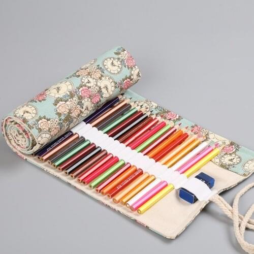 Rose & Clock Roll Up Pencil Bag Wrap 36/48/72 Slot Canvas Storage Pen Pouch for Brush Marker Stationery School Supplies A6756