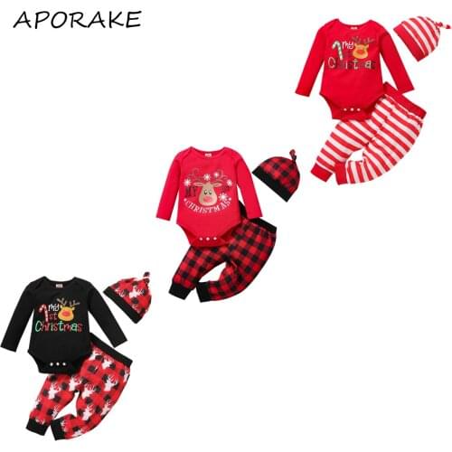 2021 0-12M Baby My First Christmas Clohting Boys Long Sleeve Letter Deer Print Romper+Plaid Print Pants+Hat Set Costume 3pcs Set