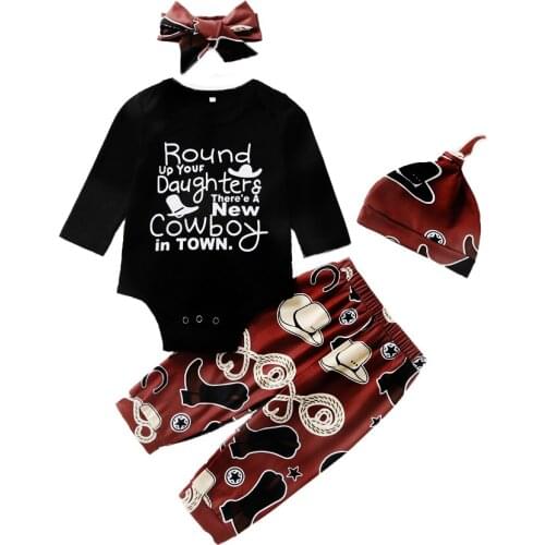 Newborn Infant Baby Girl Clothes Sets Cowboy Print Tops+Pants+Hat+Headband 4PCS Infant Baby Girl Clothing Outfits