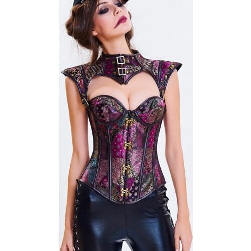 Brown Floral Retro Gothic Steampunk Corset Spiral Steel Boned Corset Women Burlesque Armor Bustier With Shoulder Bolero Corselet