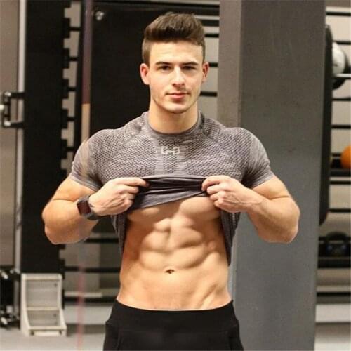 GYM Mens Running T-shirt Short Sleeve Shirt Bodybuilding Fitness Sports T-shirt Slim Fit Stretch Printing Gym Training T-shirt