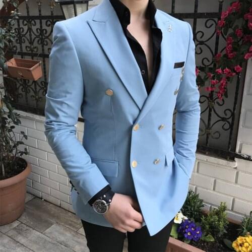 Blue Mens Suits Double breasted Jacket Formal 2020 Two Pieces Notch Lapel Slim Fit Tuxedos Groomsmen For Wedding (Blazer+Pants)
