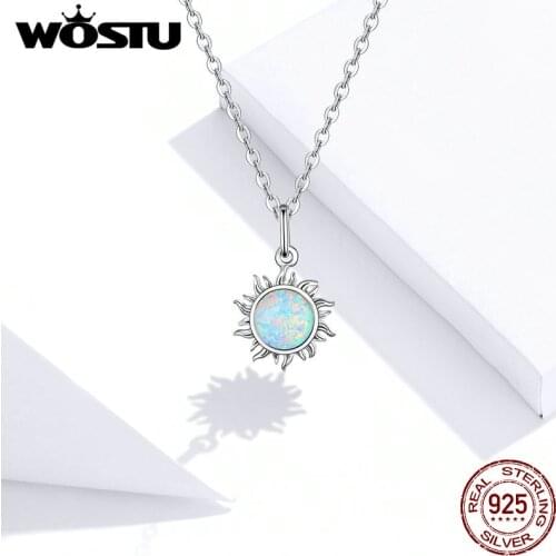 Opal Zircon Necklace WOSTU 100% 925 Sterling Silver Sun Sunny Long Chain Necklace forWomen Necklace Silver Gift Jewelry FIN399