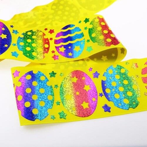 Wholesale 100Y/lot 75mm 3" hologram rainbow foil Easter eggs stars printed polyester grosgrain ribbon welcome custom order