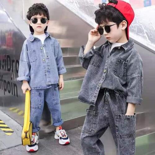 Autumn Spring Suit Jeans Foreign Korean Style Loose Boy Kids 2021 Childrens Handsome Childrens Babies fashionable two-piece