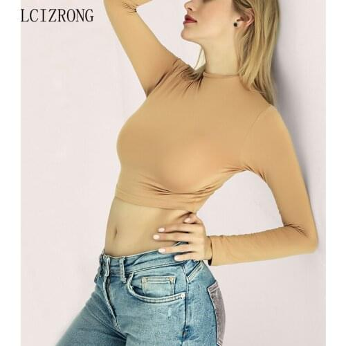 Autumn Solid Long Sleeve Crop Tops Bottoming Tshirt Women Sexy Bodycon Black White T Shirt Plus Size Thin Underwear Tee Female