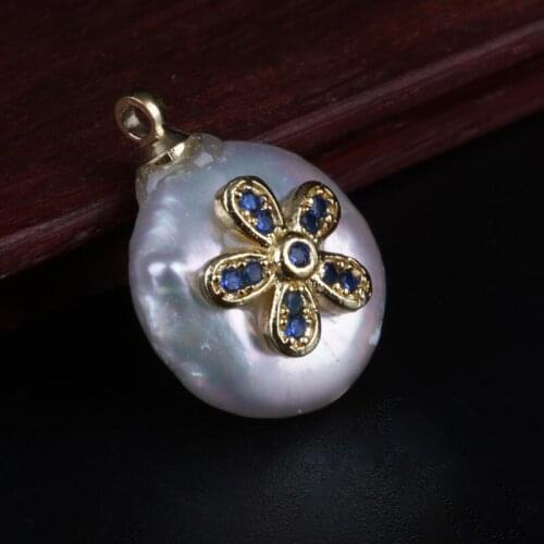 Gold micro paved deep dark blue cz ctystal flower charms freshwater pearl bead pendant charm for diy jewelry making for choker