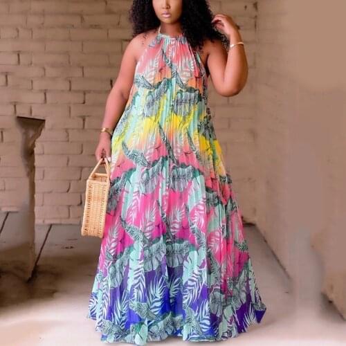 Plus Size Pleated Dresses Womens 4XL 5XL Halter Sleeveless Floor Length Printed Sexy Evening Night Club Long Vestidos Dress New