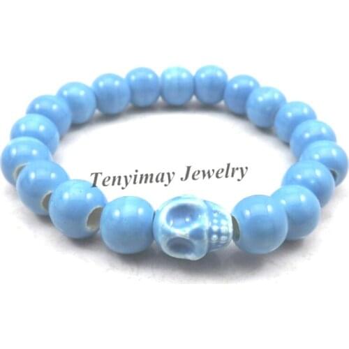 Blue Skull Charm Bracelets 10mm Ceramic Beaded Elastic Bracelets For Halloween 12pcs/lot