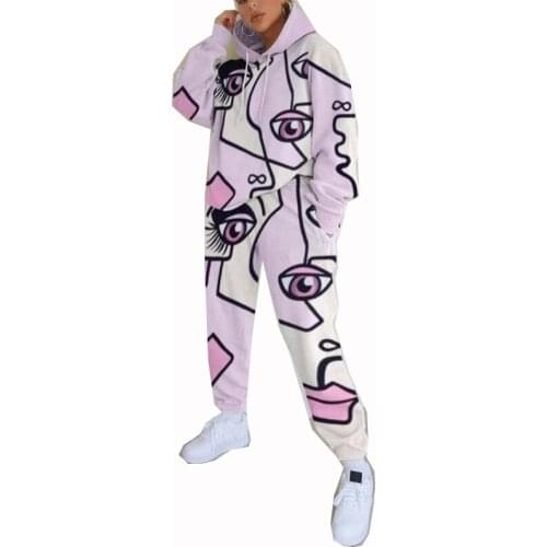 OMILKA Eye Printed Sporty 2 Piece Set Women Long Sleeve Hooded Sweatshirt and Long Pant Set 2020 Autumn Casual Tracksuits