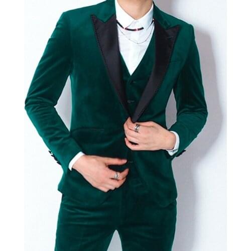 Dark Green Velvet Slim fit Men Suits for Prom 3 piece Black Peaked Lapel Wedding Groom Tuxedo Custom Man Fashion Clothes Set