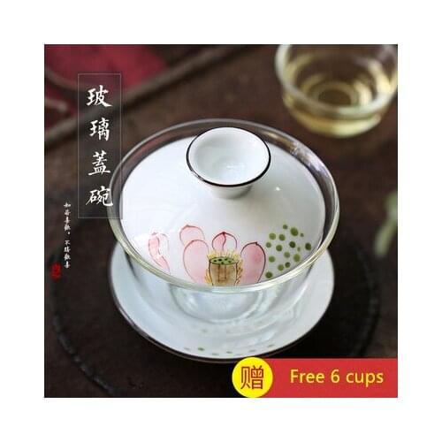 Heat-resistant Glass Tea Tureen Ceramic Hand-painted Three Bowls Kung Fu Pu'er Green Tea Oolong Teaware Free Shipping 6 Tea Cup