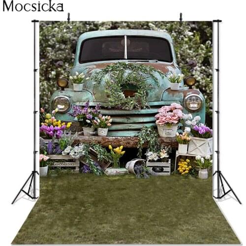 Spring Backdrop Old Vintage Car Fresh Flowers Garden Grass Newborn Baby Child Portrait Party Photography Background Photo Studio