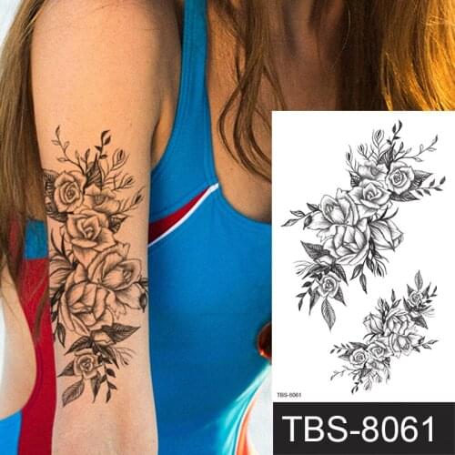 Temporary Tattoo Sticker Flower Roses Peony Sketches Tattoo Designs Sexy Girls Model Tattoos Arm Leg Black Henna Stickers Lace