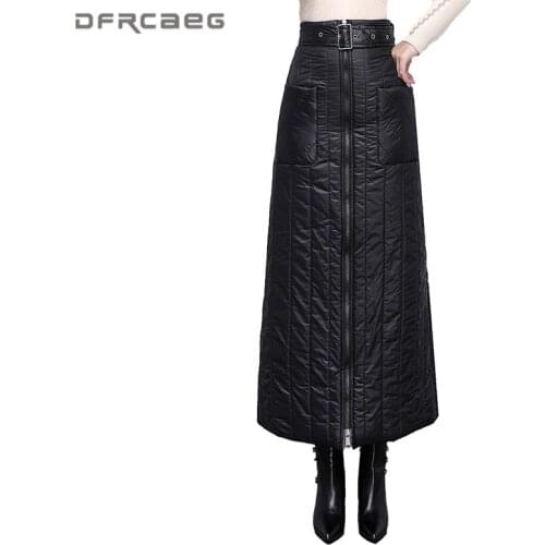 Elegant Warm Winter Down Cotton Women Maxi Skirt With Belt 2021 High Waist Casual Thicken Zipper Plus Size A-Line Skirts Female