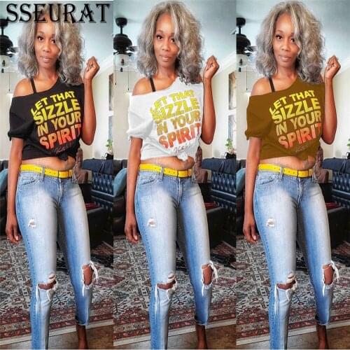 SSEURAT Womens T-Shirt Top Womens Slanted Shoulder Print Loose Top Street Hipster Casual Short-Sleeved Top