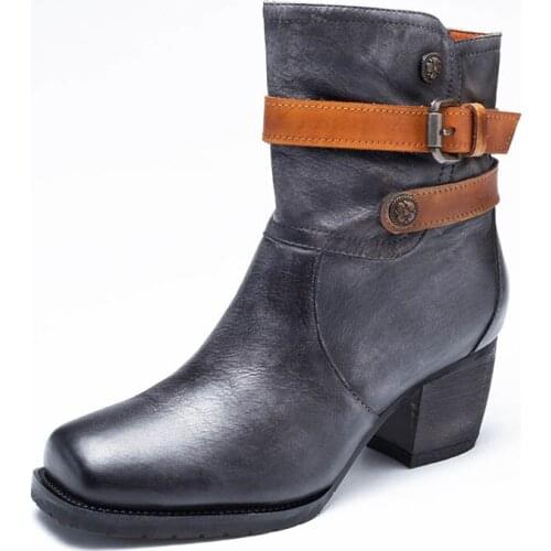 High Quality Genuine Leather Female Boots Fashion Solid Belt Buckle Boots 2020 New Autumn Winter Thick Heels Ankle Boots