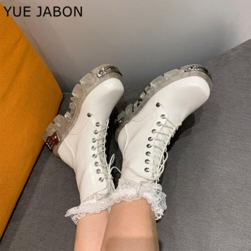 Brand Punk Style Women Shoes Lace-up heel height Platform Shoes Woman Metal Decor Ankle Boots Riding Knight Short White Booties