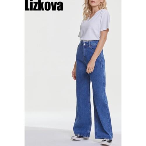 Lizkova Spring Blue Jeans Women High Waist Overlength Denim Mujer Pantalones 2021 Fashion Wide Leg Korean Style Trousers