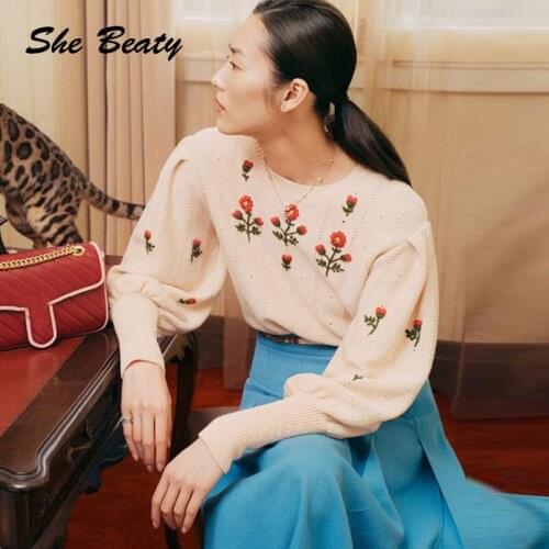 She Beaty Knitted Sweater Pullovers Women Embroidery Flowers Long Sleeve Elegant Vintage Jumper Haut Femme Gothic Clothing Tops