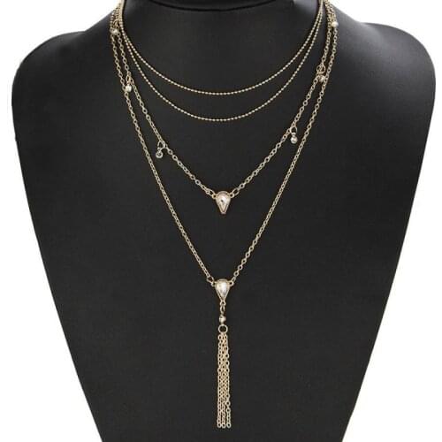 Hot 2019 Fashion New Necklace Wild Temperament Water Droplets Crystal Geometry Round Gold Ladies Four-layer Necklace Wholesale