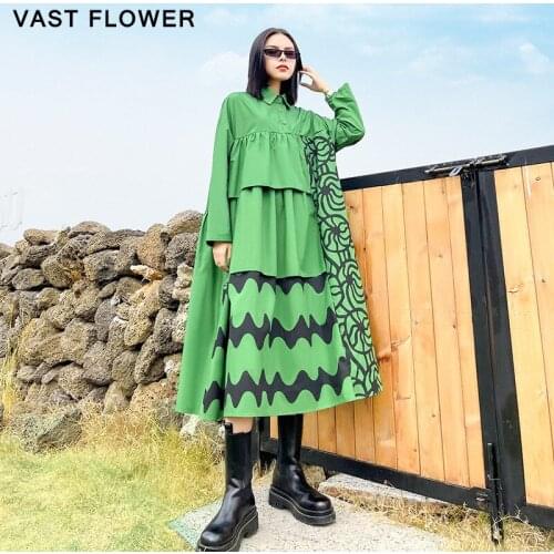 Print Pattern Patchwork Draped Dress Women New Lapel Long Sleeve Loose Casual Midi Dress Fashion Clothes Spring Autumn 2021