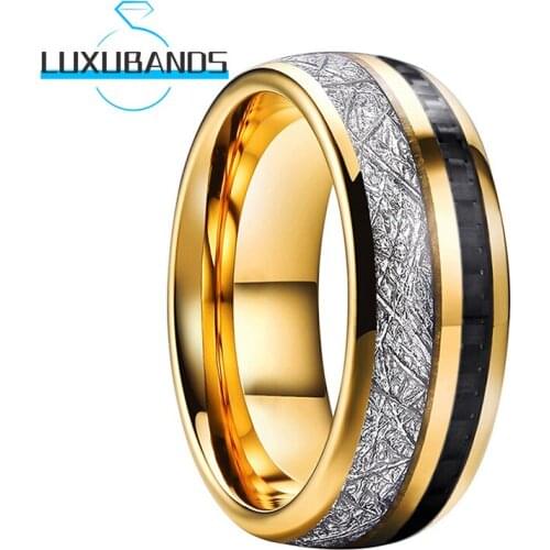 Gold Tungsten Carbide Rings 8MM For Women Men Black Carbon-Fiber Meteorite Inlay Polished Finished Comfort Fit