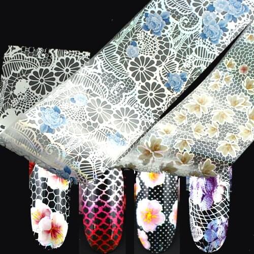 16pcs/Set Nail Art Transfer Foil Laser Sticker Shinning Rainbow Color Flower Mix Designs Holographic Starry Paper Nail Decals