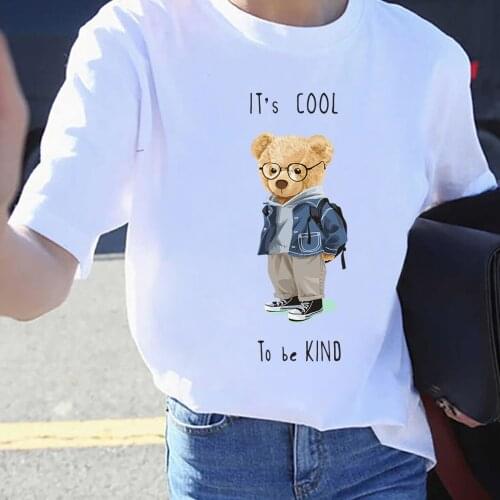 BLINGPAW Graphic T Shirts Cute Teddy Bear Its Cool To Be Kind Letter Print T-shirt White Cotton Unisex Tees Summer Tee Shirts