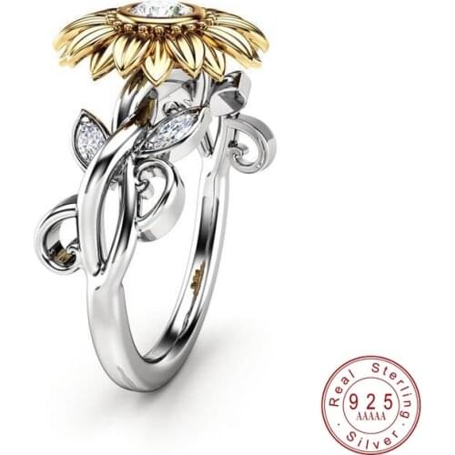 New CZ Stone Fashion Jewelry 925 Sterling Silver Ring Cute Sunflower Crystal Wedding Rings for Women Female Finger Ring Band