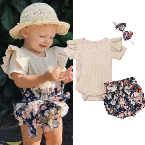 Summer Newborn Baby Girls Clothes Sets Ruffle Short Sleeve Solid Tops Romper Floral Shorts Outfit Set