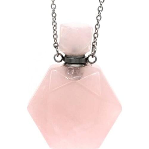 Fashion Natur Cut Face Pink Crystal Perfume Bottle/Refined Oil Bottle Pendant Stainless Steel Necklace Women Men Jewelry 37x25mm